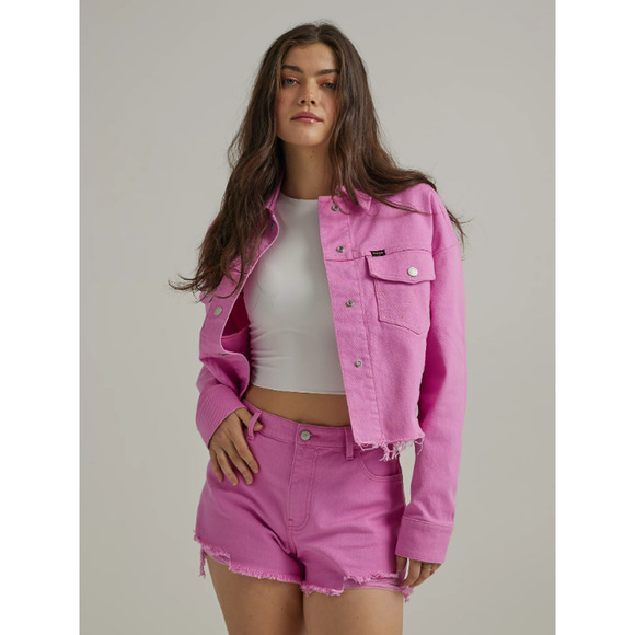 Wrangler Women's Large Denim Jacket Pink Western Crop Shacket Raw Hem NWT BD5 - Picture 1 of 10